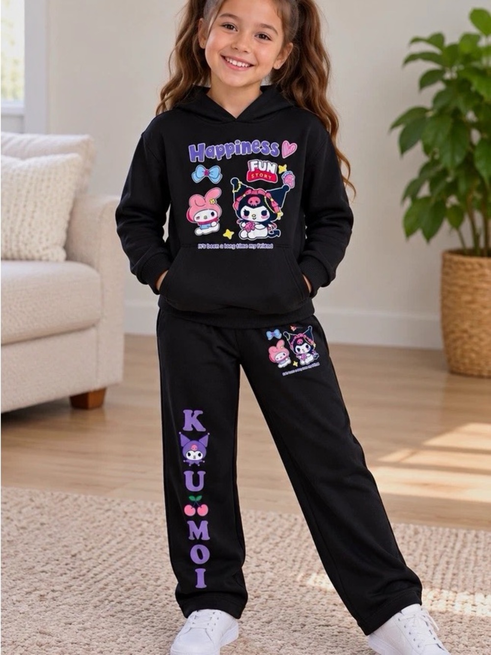 PatPat Black Kids Hoodie & Pants Pajama Set with Purple and Pink Accents